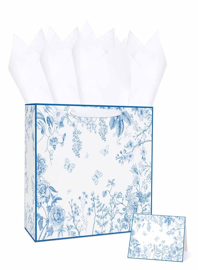 MUNILAIL 13 Inches Blue Floral Gift Bag with Tissue Paper Handle and Greeting Card Flower Gift Bag for Wedding Bridal Baby Shower Birthday Party Large Paper Gift Bag - Image 1